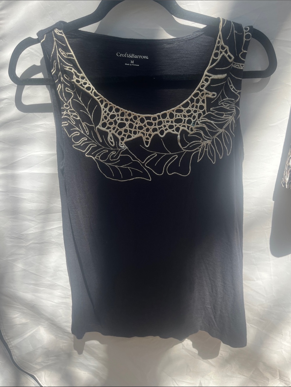 croft & barrow Black Tank with Cream Embroidered Scoop Neck